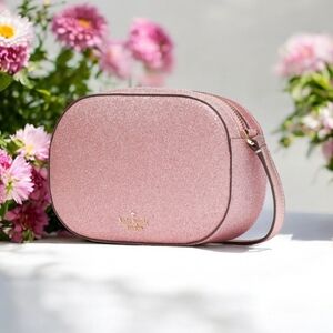 Kate Spade New York Glimmer Glitter Oval Camera Crossbody Bag Mitten Pink NWT